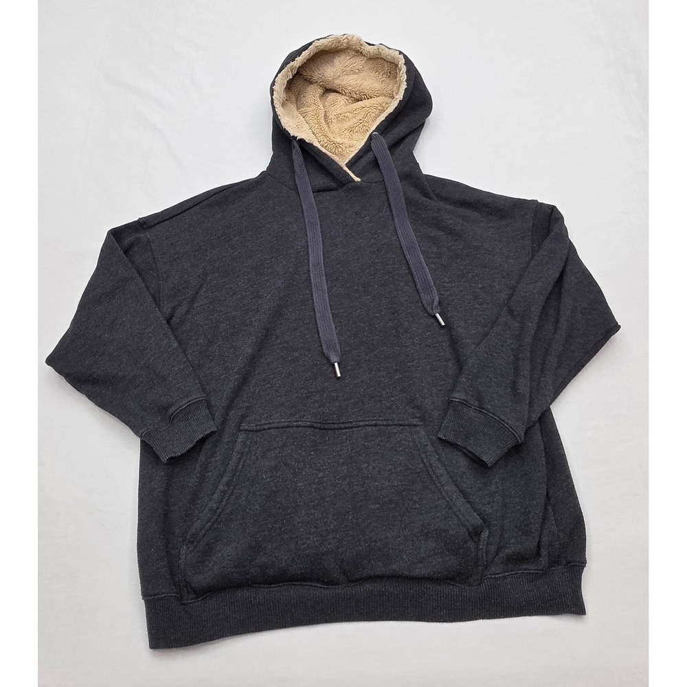 Aerie Womens Hoodie Size Medium Charcoal Gray Faux Fur Lined Hood Sweatshirt